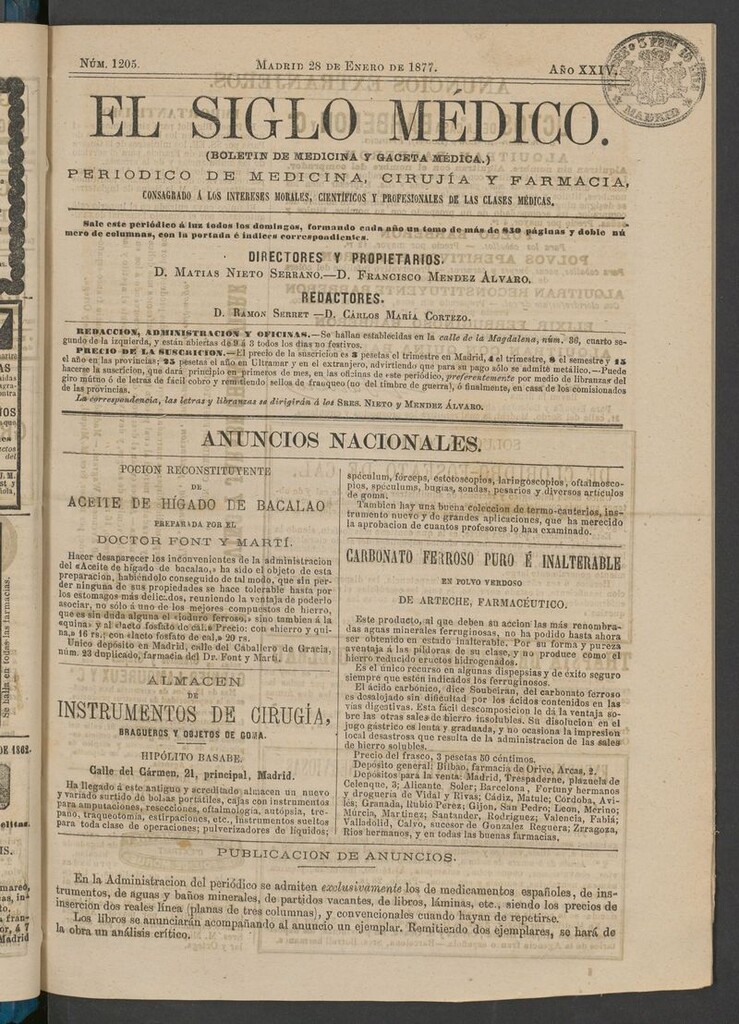 Miniatura de El Siglo Médico: boletín de medicina y gaceta médica del 28 de enero de 1877