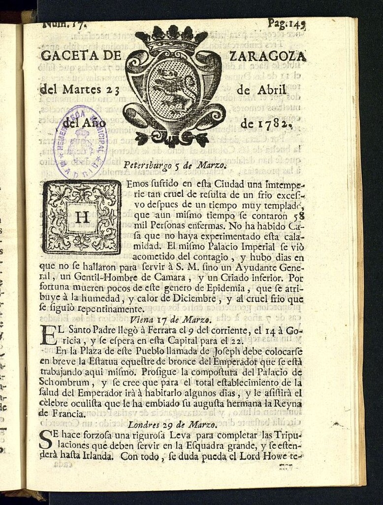 Miniatura de Gazeta de Zaragoza del 23 de abril de 1782