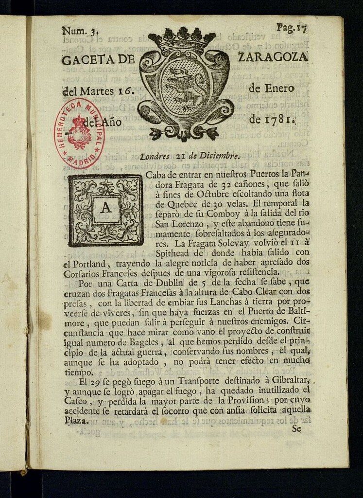 Miniatura de Gazeta de Zaragoza del 16 de enero de 1781