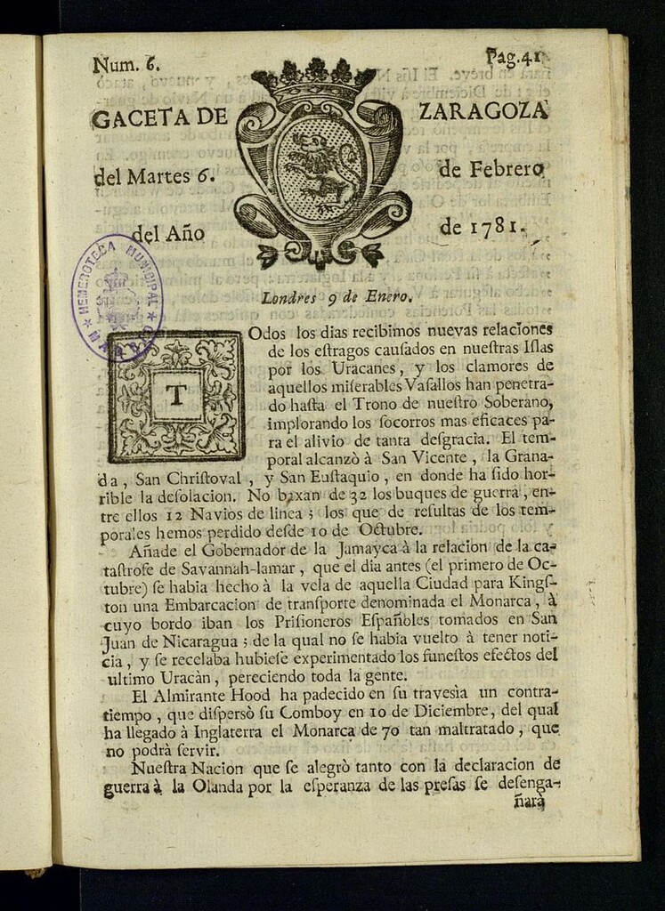 Miniatura de Gazeta de Zaragoza del 6 de febrero de 1781