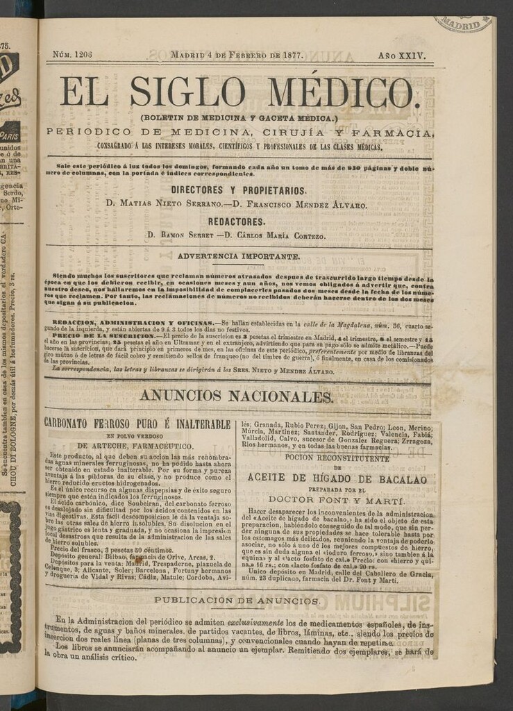 Miniatura de El Siglo Médico: boletín de medicina y gaceta médica del 4 de febrero de 1877