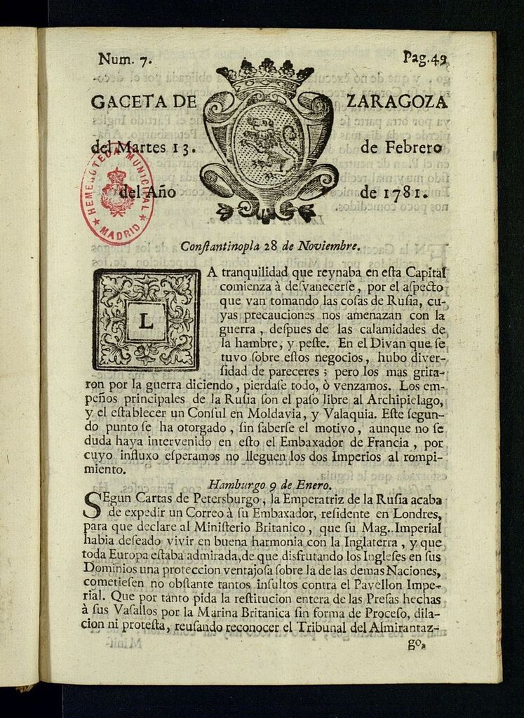 Miniatura de Gazeta de Zaragoza del 13 de febrero de 1781
