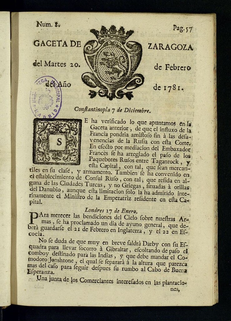 Miniatura de Gazeta de Zaragoza del 20 de febrero de 1781