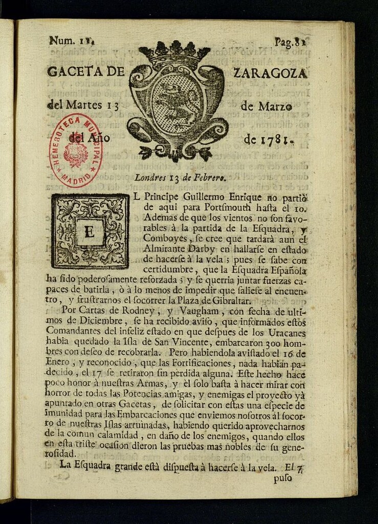 Miniatura de Gazeta de Zaragoza del 13 de marzo de 1781