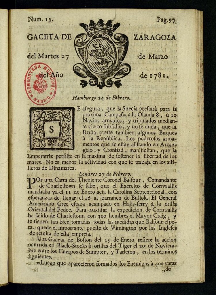 Miniatura de Gazeta de Zaragoza del 27 de marzo de 1781