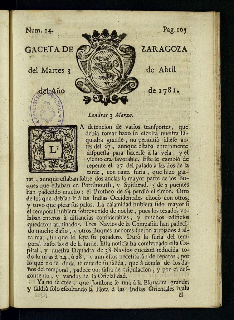 Miniatura de Gazeta de Zaragoza del 3 de abril de 1781