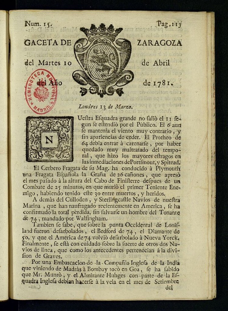Miniatura de Gazeta de Zaragoza del 10 de abril de 1781