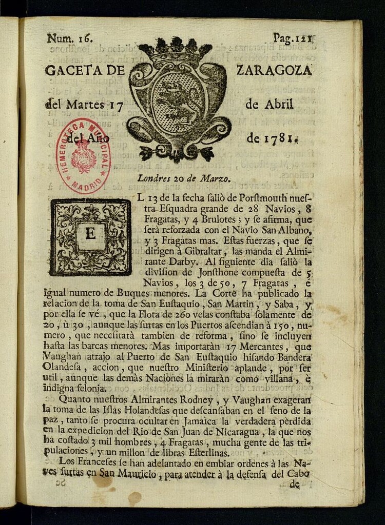 Miniatura de Gazeta de Zaragoza del 17 de abril de 1781