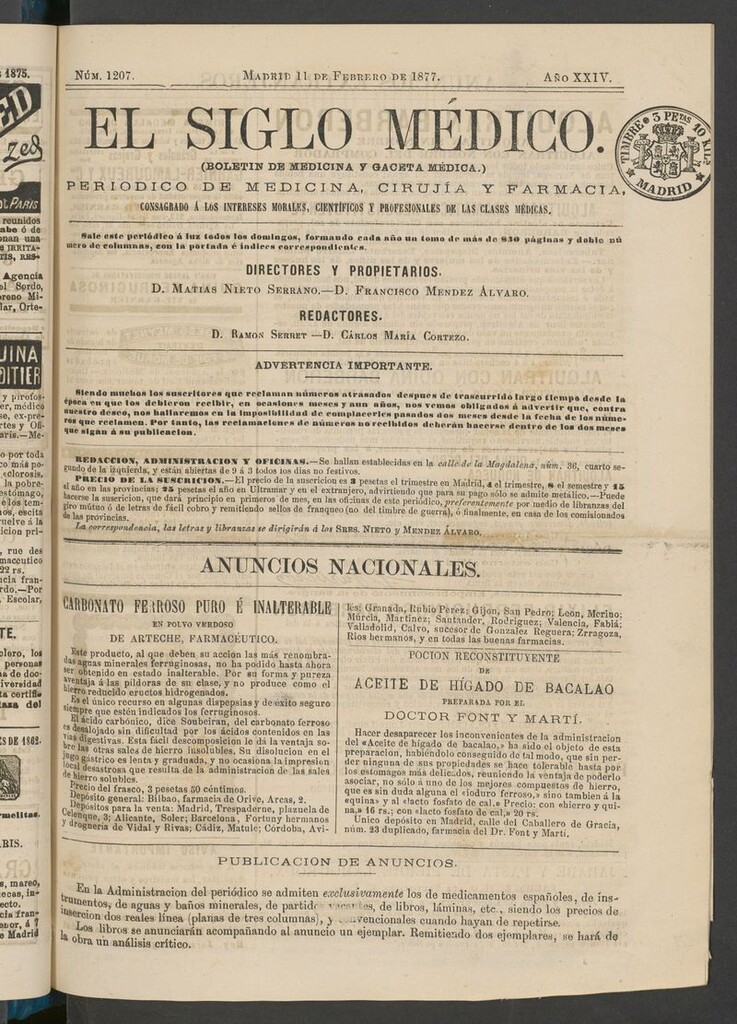 Miniatura de El Siglo Médico: boletín de medicina y gaceta médica del 11 de febrero de 1877