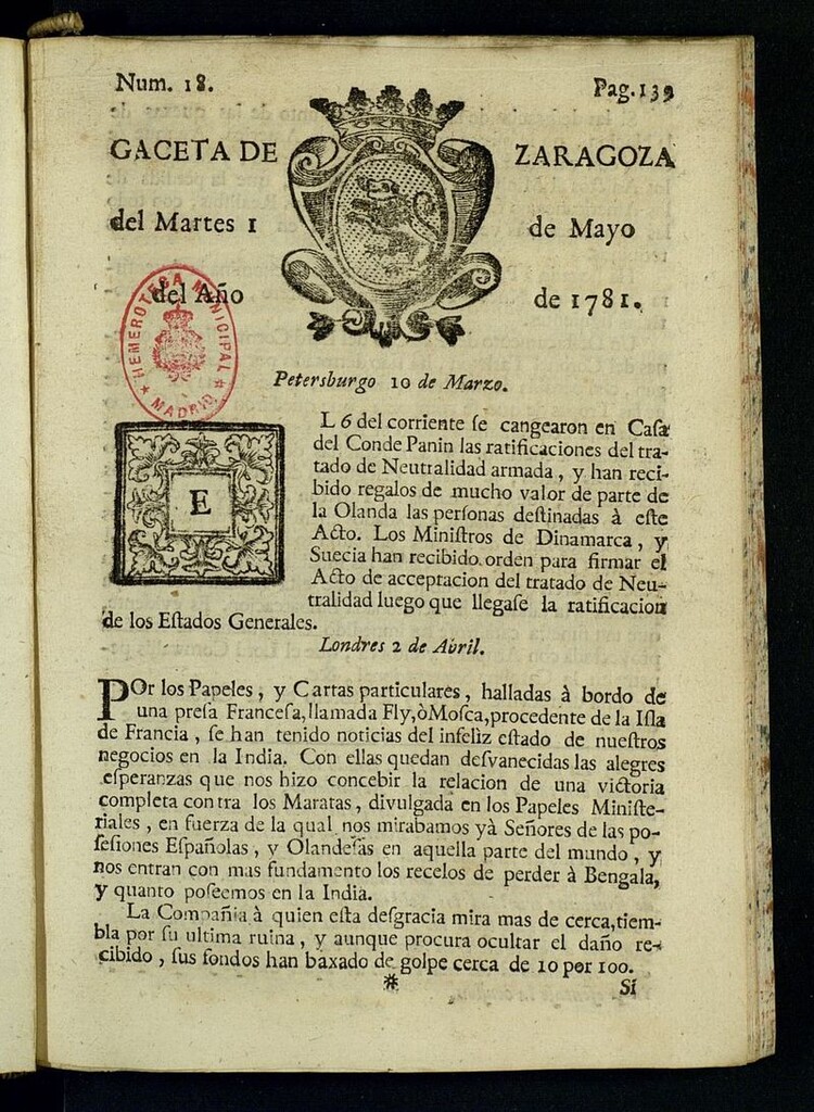 Miniatura de Gazeta de Zaragoza del 1 de mayo de 1781