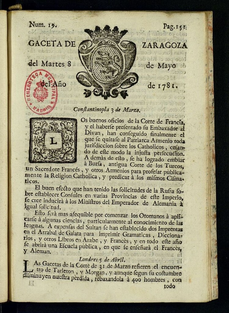 Miniatura de Gazeta de Zaragoza del 8 de mayo de 1781