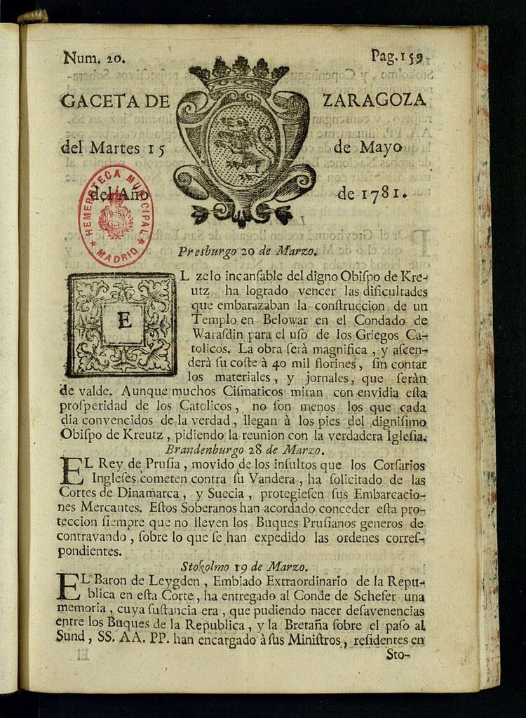 Miniatura de Gazeta de Zaragoza del 15 de mayo de 1781