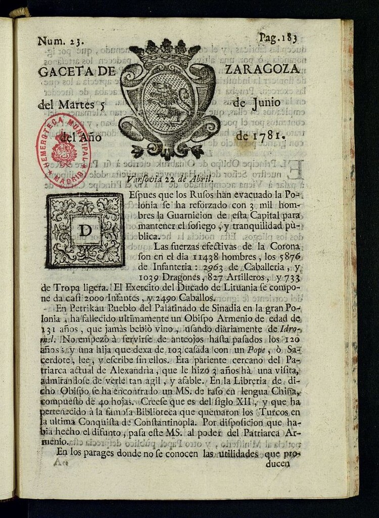 Miniatura de Gazeta de Zaragoza del 5 de junio de 1781
