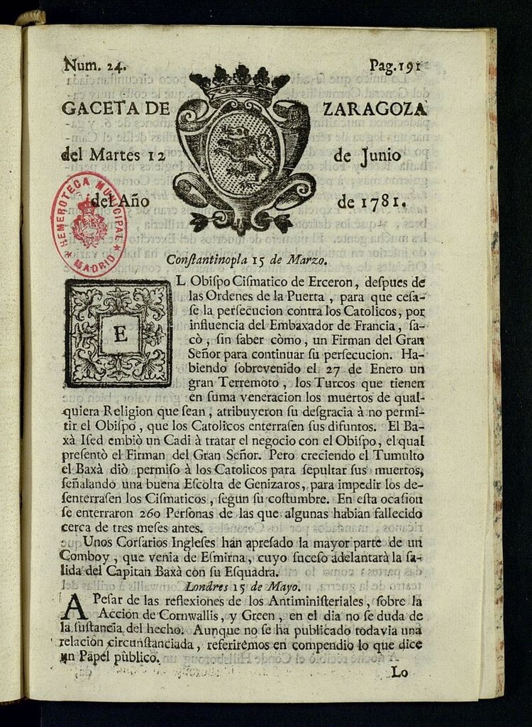 Miniatura de Gazeta de Zaragoza del 12 de junio de 1781