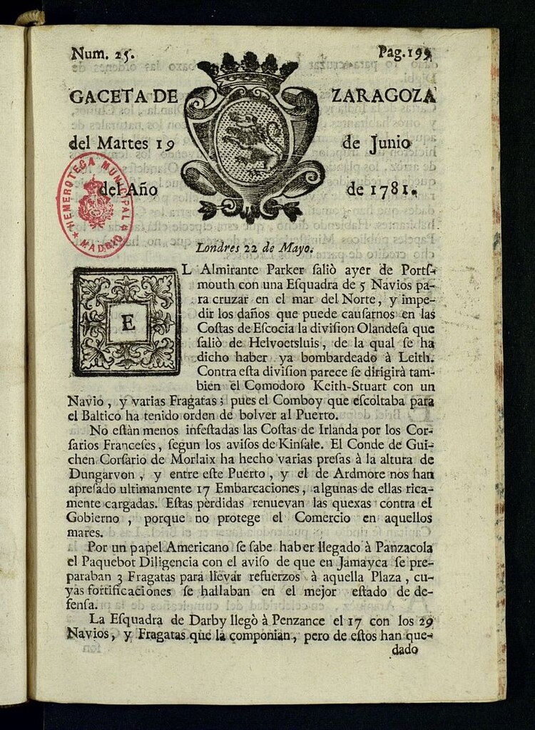 Miniatura de Gazeta de Zaragoza del 19 de junio de 1781
