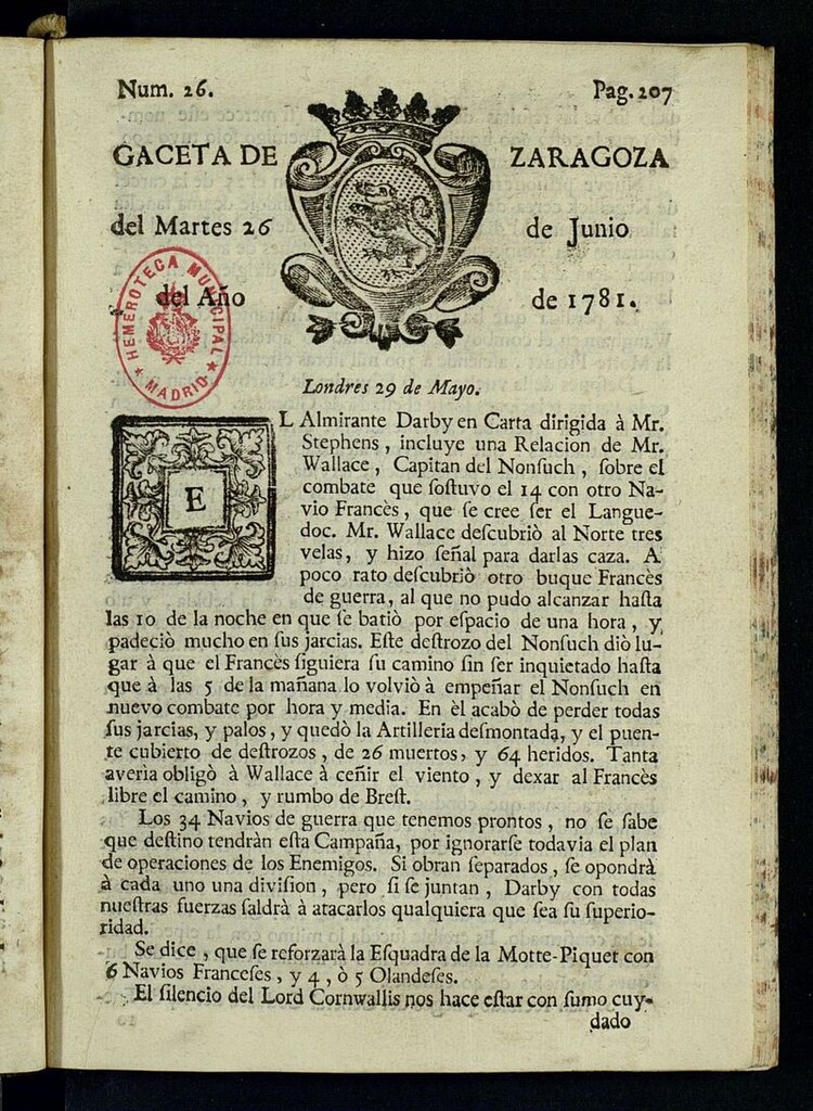 Miniatura de Gazeta de Zaragoza del 26 de junio de 1781