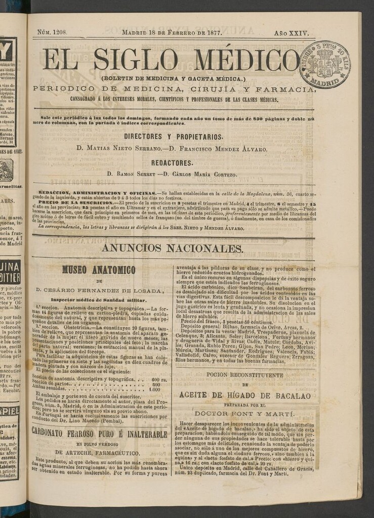 Miniatura de El Siglo Médico: boletín de medicina y gaceta médica del 18 de febrero de 1877