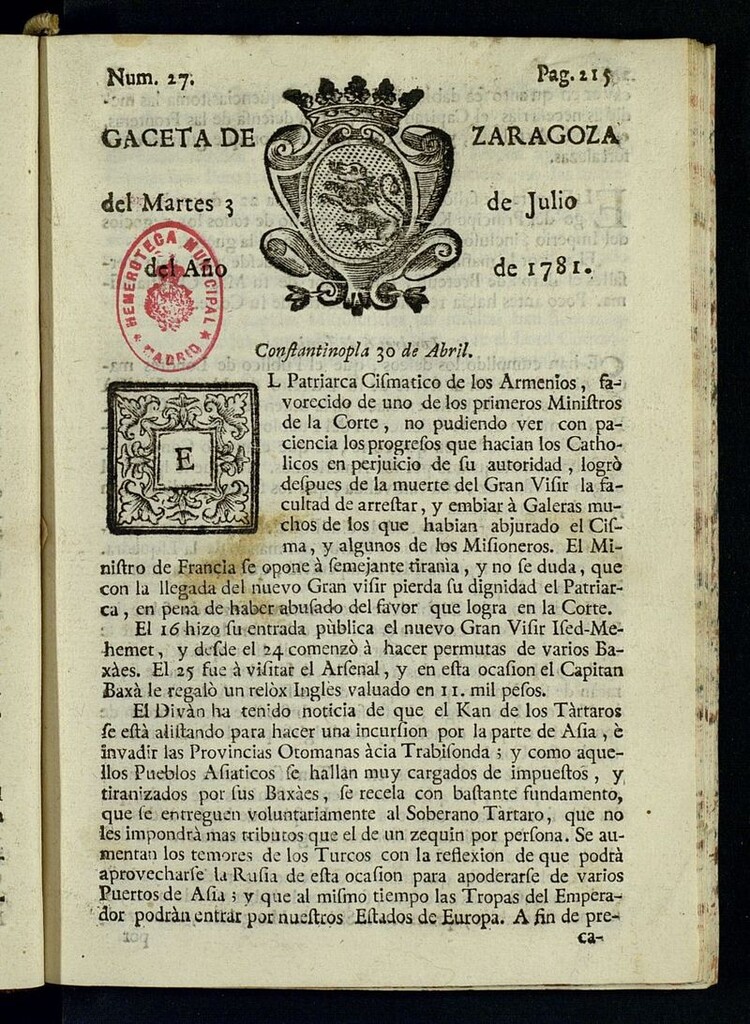 Miniatura de Gazeta de Zaragoza del 3 de julio de 1781