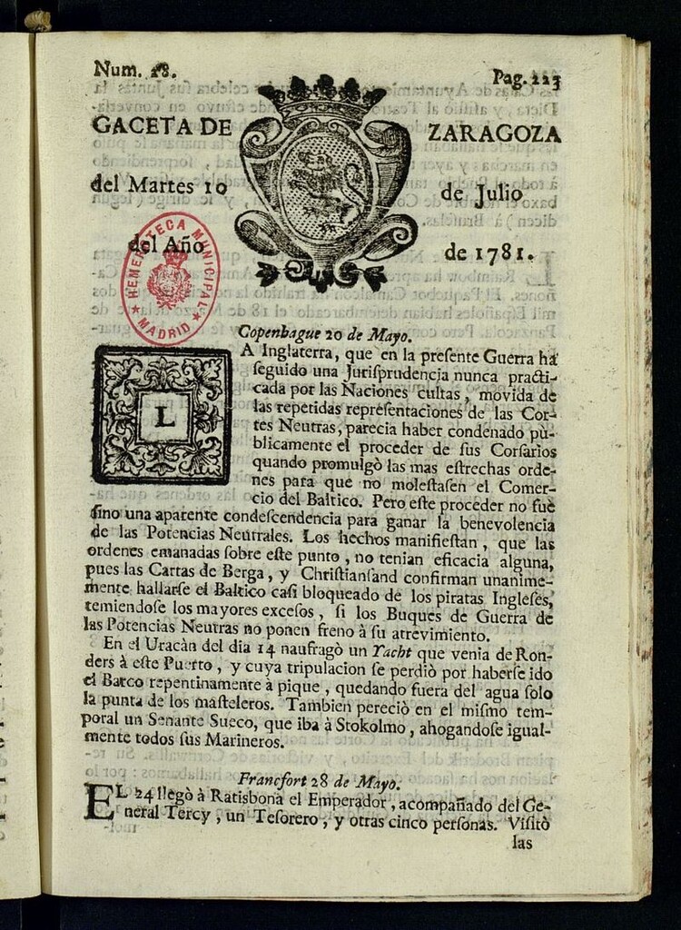 Miniatura de Gazeta de Zaragoza del 10 de julio de 1781