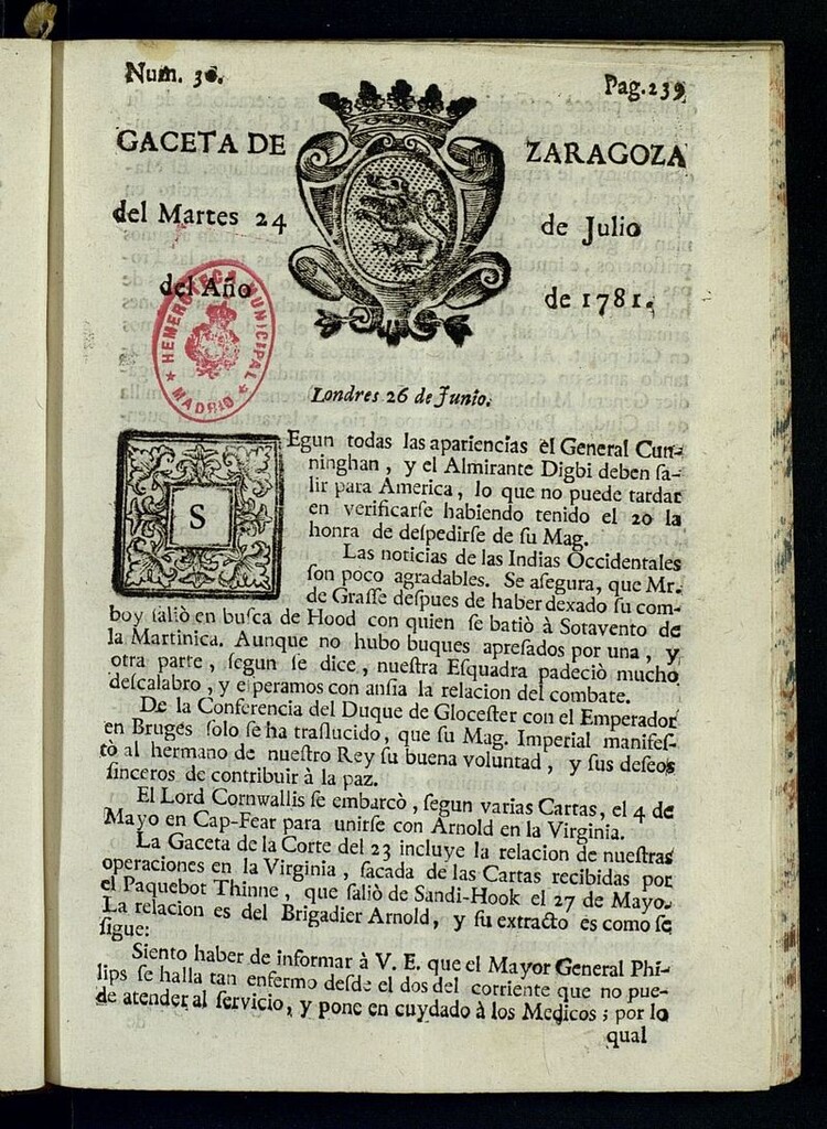 Miniatura de Gazeta de Zaragoza del 24 de julio de 1781