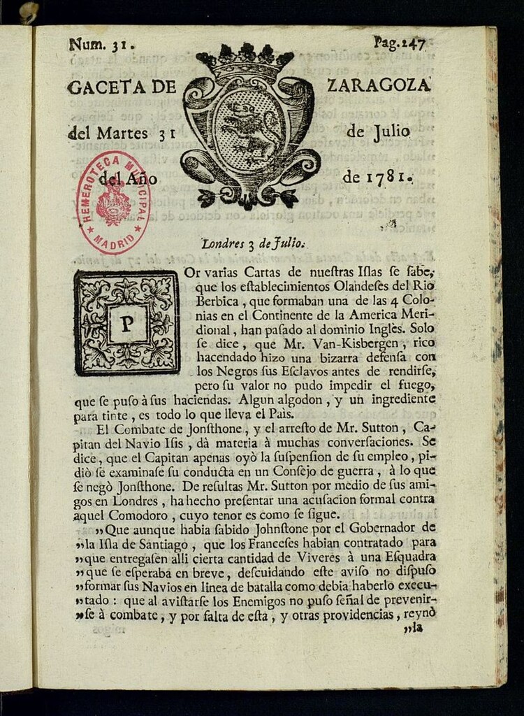 Miniatura de Gazeta de Zaragoza del 31 de julio de 1781