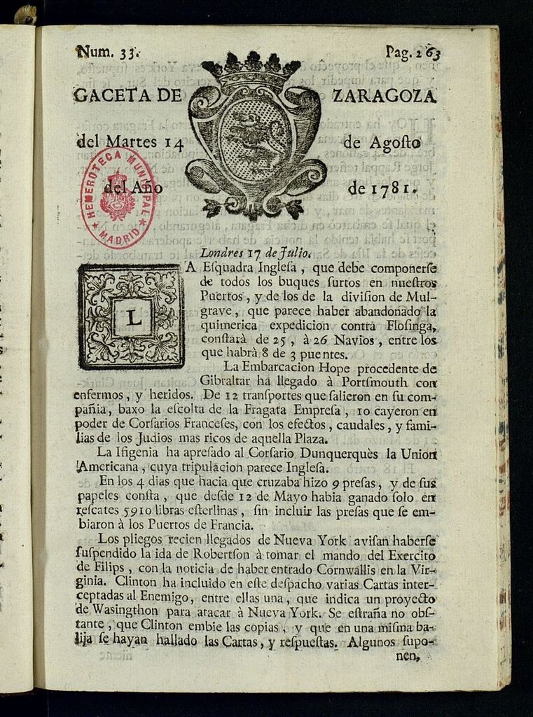 Miniatura de Gazeta de Zaragoza del 14 de agosto de 1781