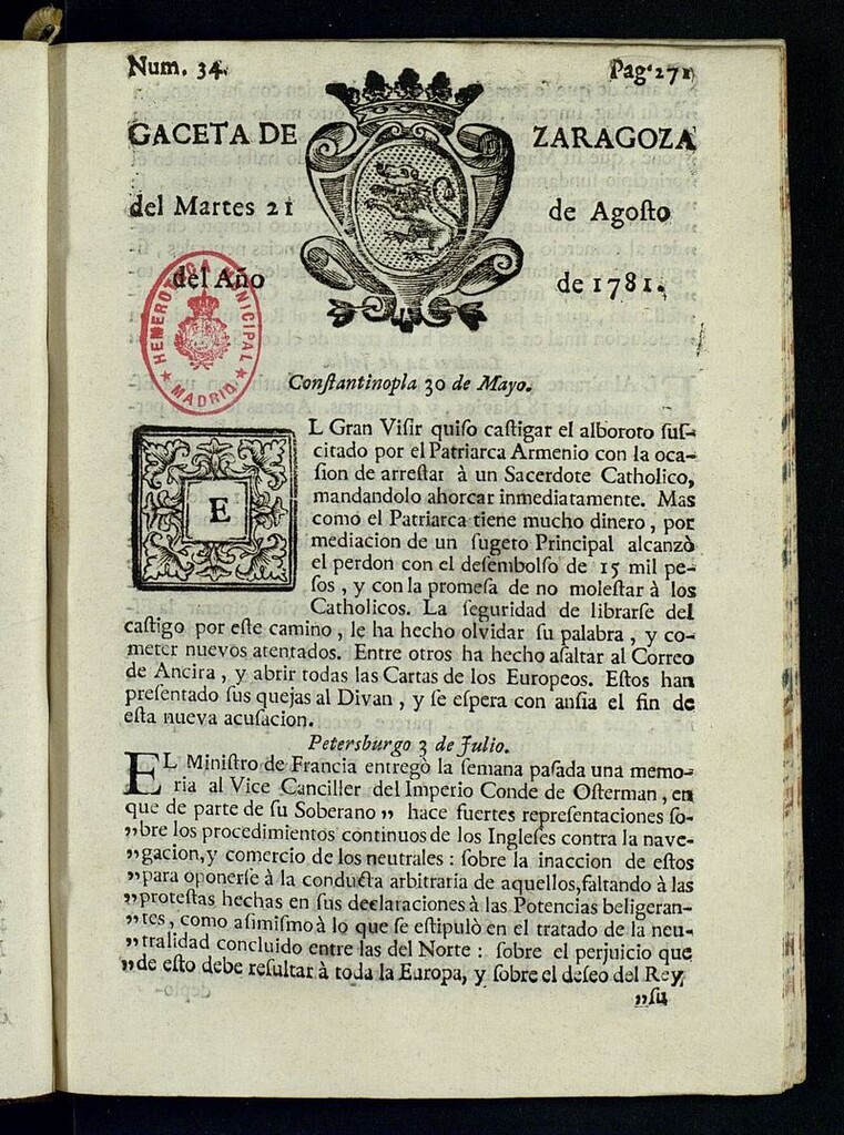 Miniatura de Gazeta de Zaragoza del 21 de agosto de 1781