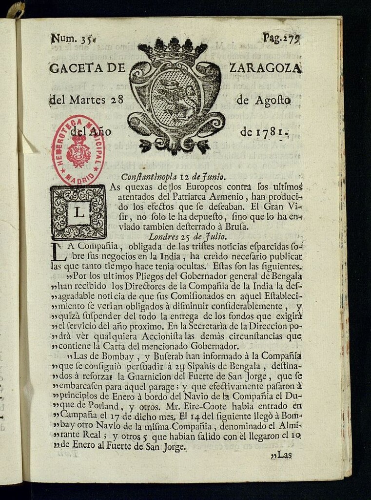 Miniatura de Gazeta de Zaragoza del 28 de agosto de 1781