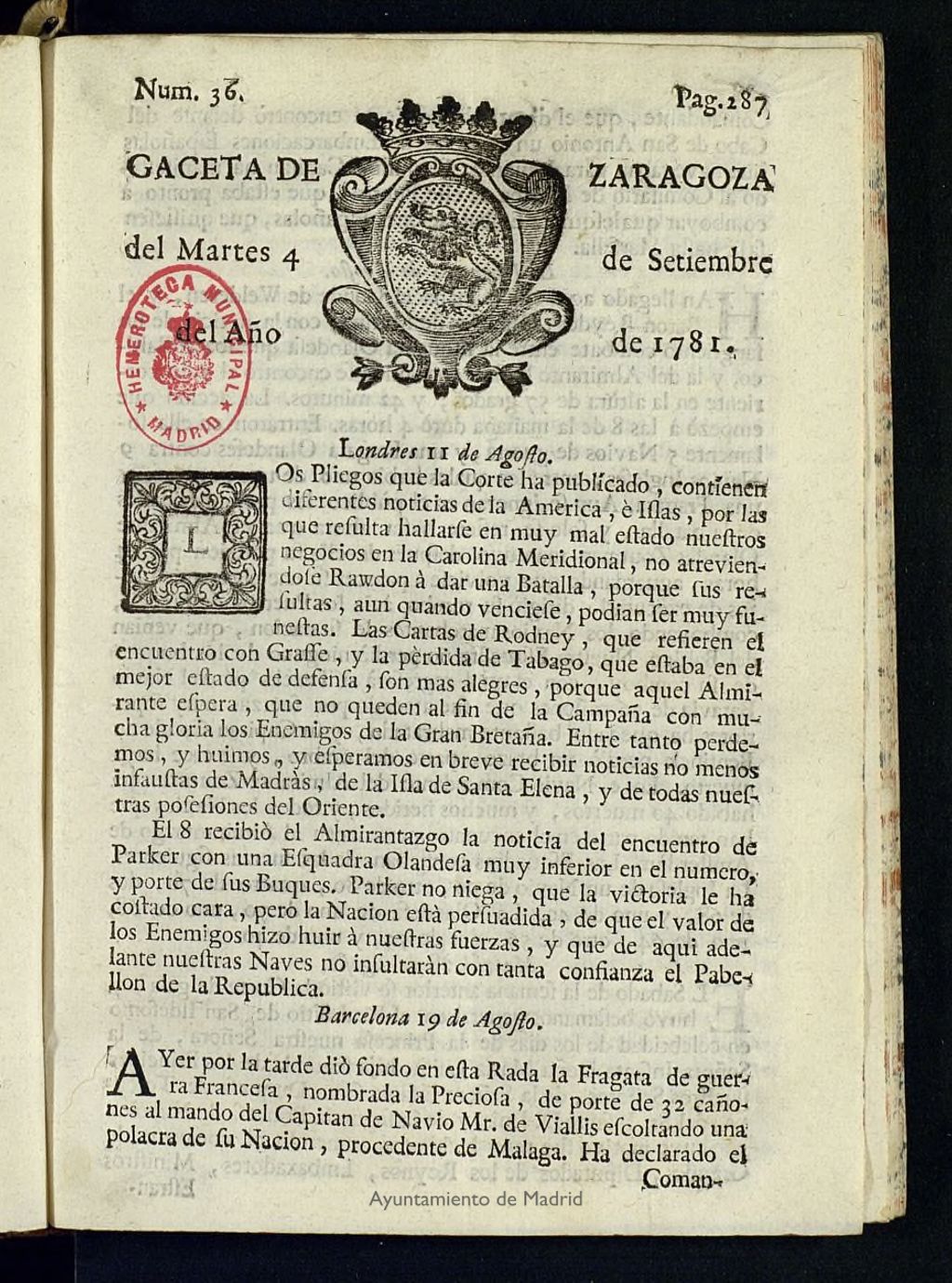Miniatura de Gazeta de Zaragoza del 4 de septiembre de 1781