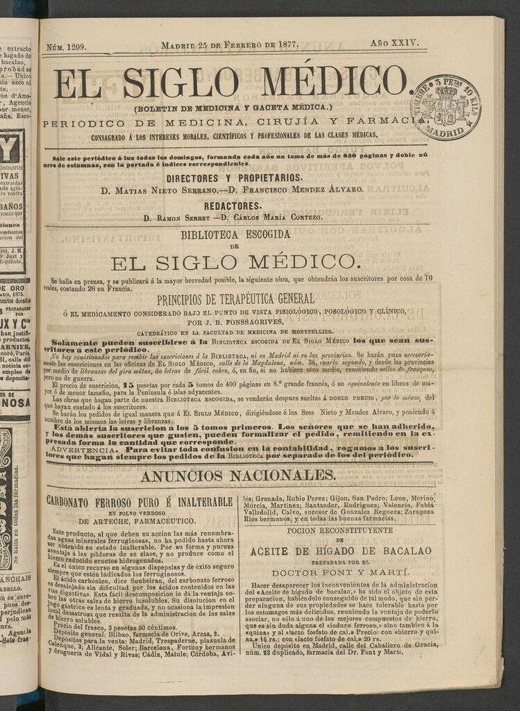 Miniatura de El Siglo Médico: boletín de medicina y gaceta médica del 25 de febrero de 1877