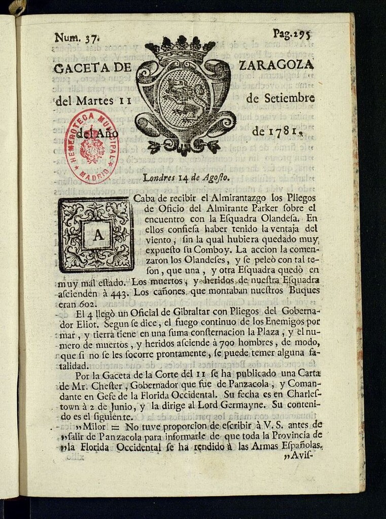 Miniatura de Gazeta de Zaragoza del 11 de septiembre de 1781