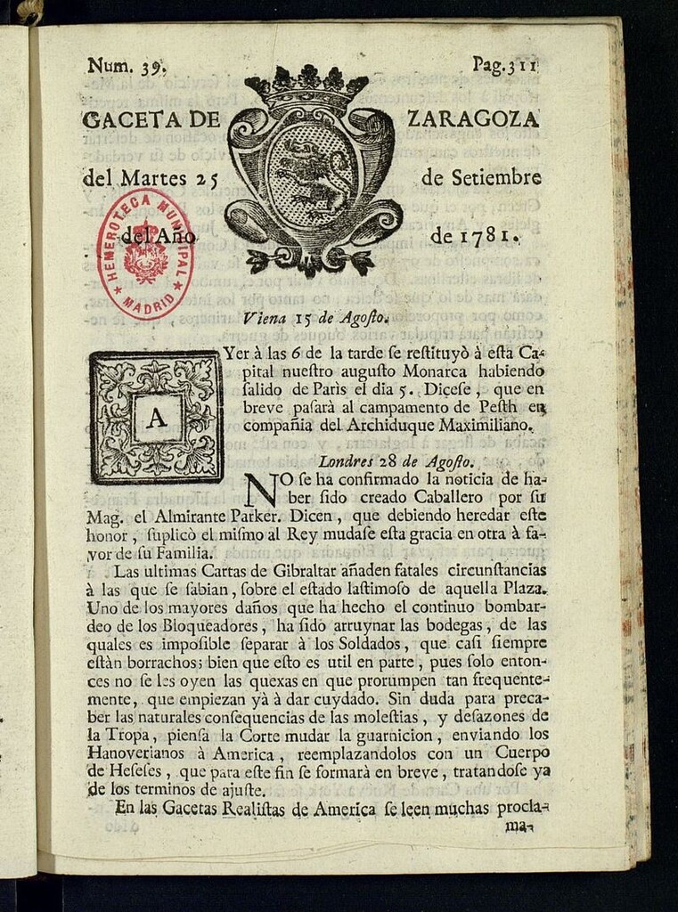 Miniatura de Gazeta de Zaragoza del 25 de septiembre de 1781