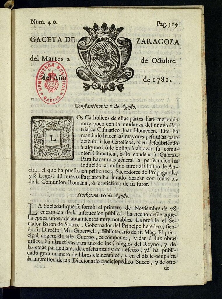 Miniatura de Gazeta de Zaragoza del 2 de octubre de 1781