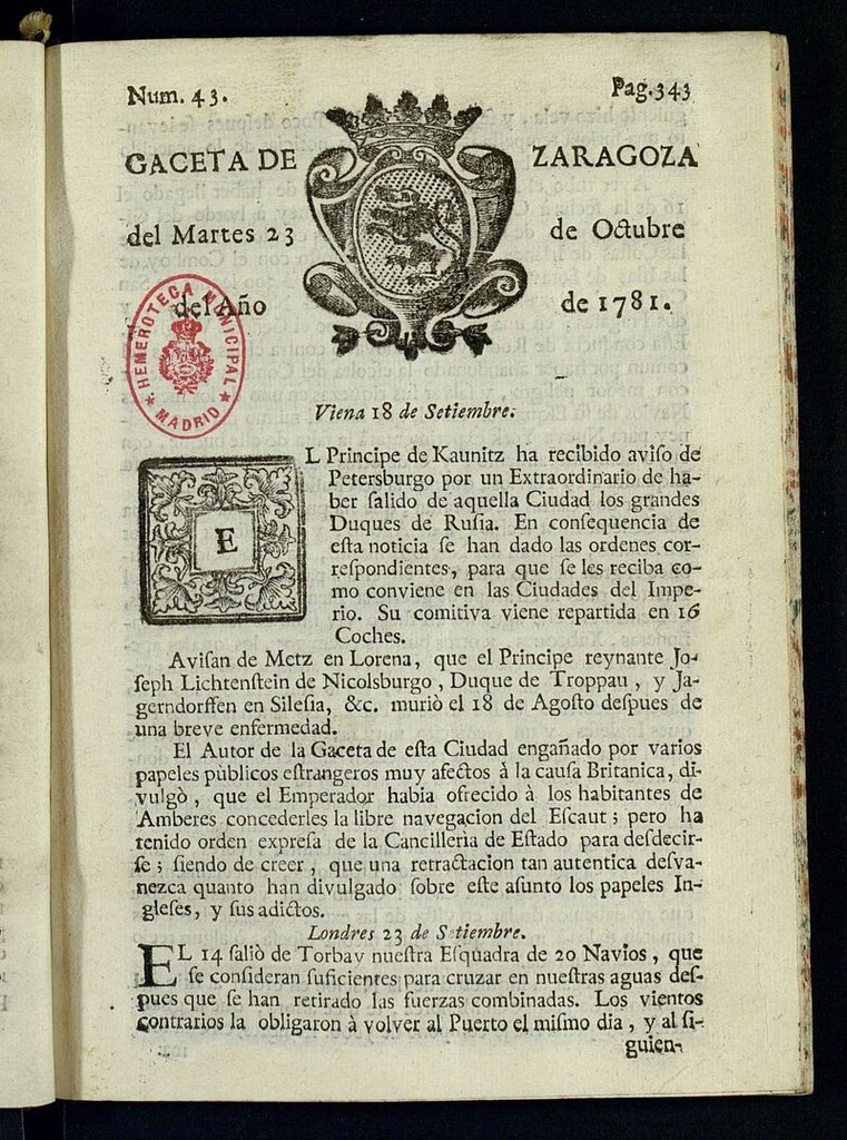 Miniatura de Gazeta de Zaragoza del 23 de octubre de 1781