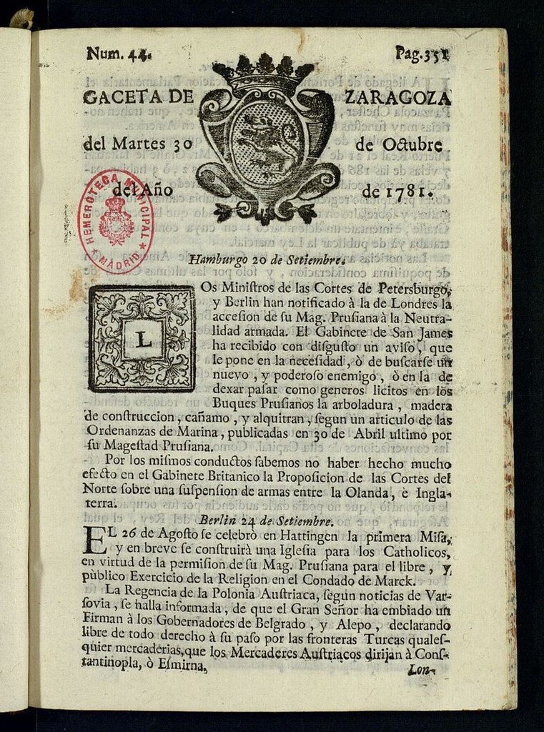 Miniatura de Gazeta de Zaragoza del 30 de octubre de 1781
