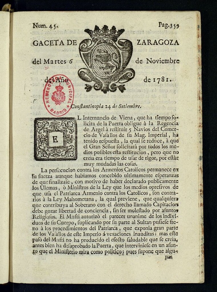 Miniatura de Gazeta de Zaragoza del 6 de noviembre de 1781