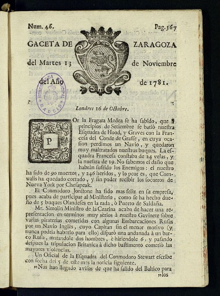 Miniatura de Gazeta de Zaragoza del 13 de noviembre de 1781