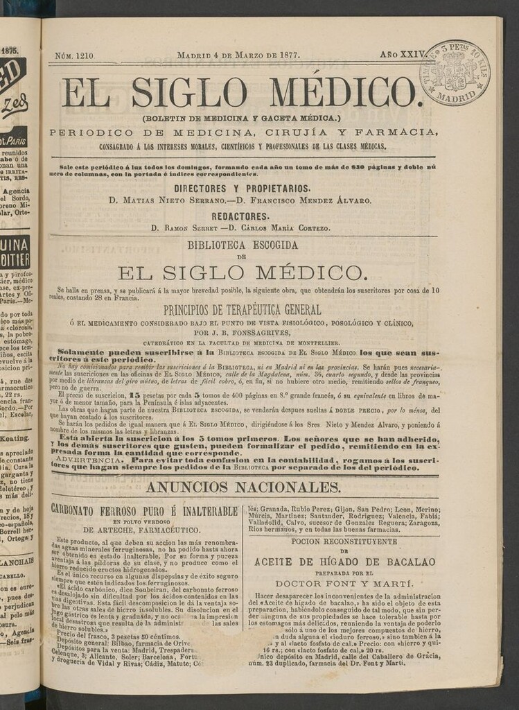 Miniatura de El Siglo Médico: boletín de medicina y gaceta médica del 4 de marzo de 1877