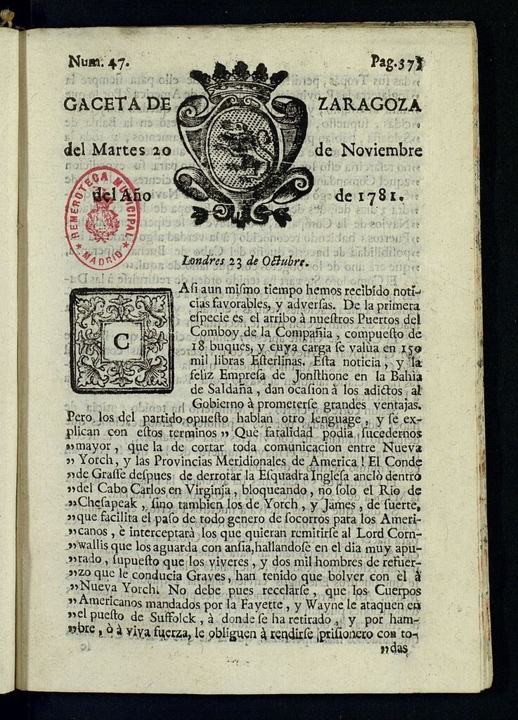 Miniatura de Gazeta de Zaragoza del 20 de noviembre de 1781