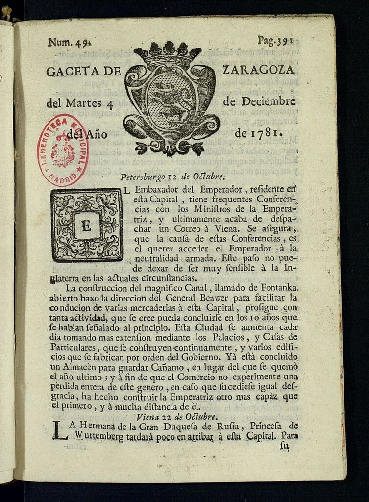 Miniatura de Gazeta de Zaragoza del 4 de diciembre de 1781
