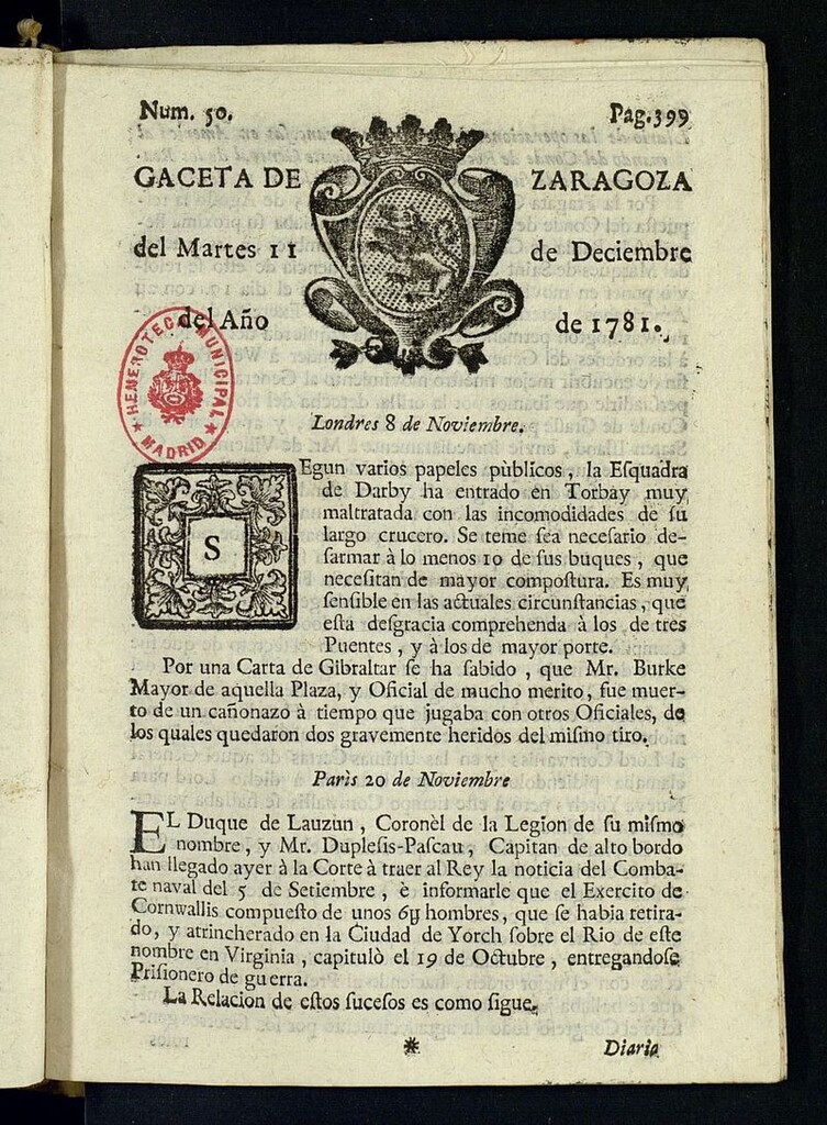 Miniatura de Gazeta de Zaragoza del 11 de diciembre de 1781