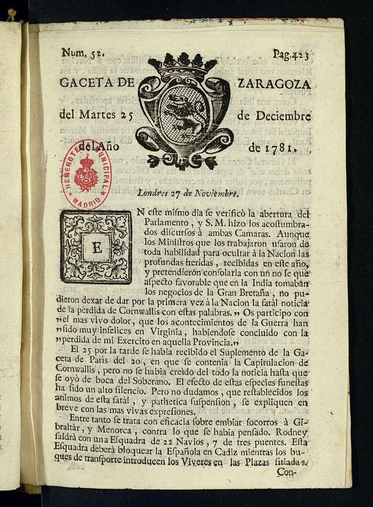 Miniatura de Gazeta de Zaragoza del 25 de diciembre de 1781