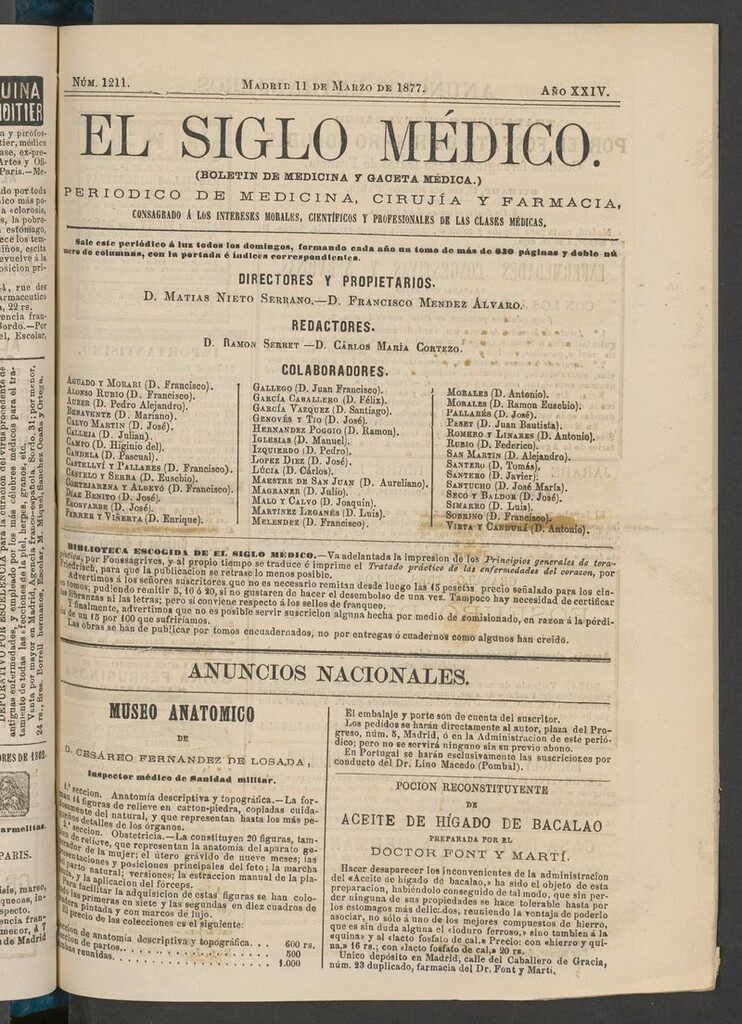 Miniatura de El Siglo Médico: boletín de medicina y gaceta médica del 11 de marzo de 1877