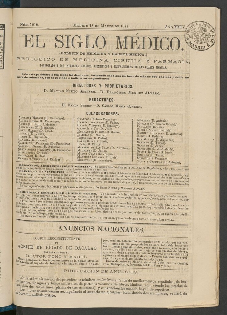 Miniatura de El Siglo Médico: boletín de medicina y gaceta médica del 18 de marzo de 1877