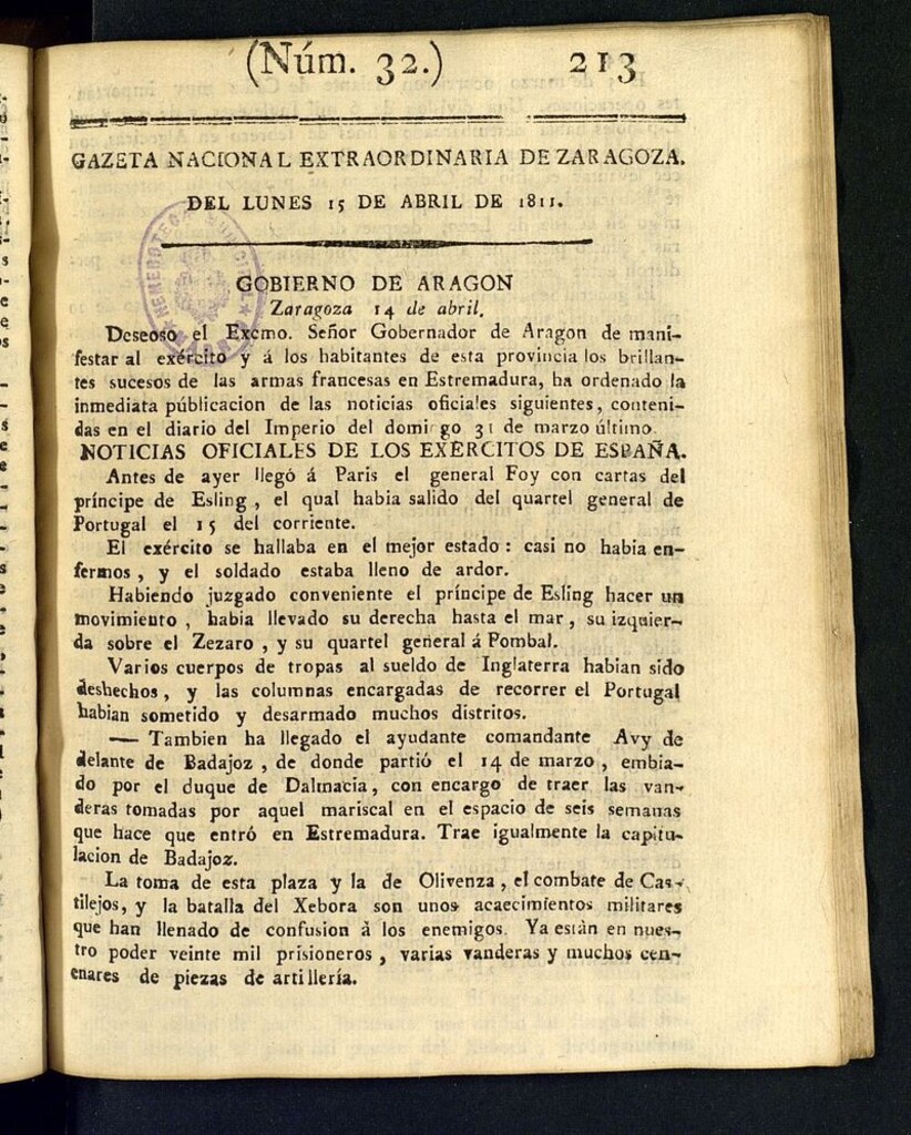 Miniatura de Gazeta de Zaragoza del 15 de abril de 1811, nº extraordinario