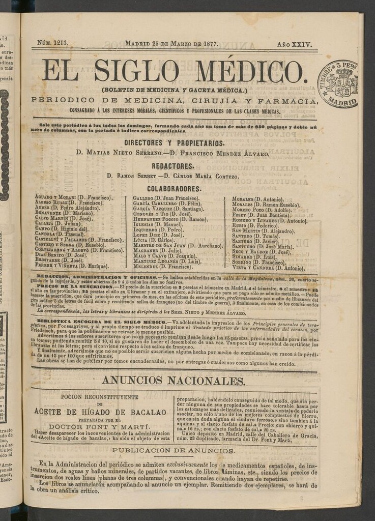 Miniatura de El Siglo Médico: boletín de medicina y gaceta médica del 25 de marzo de 1877