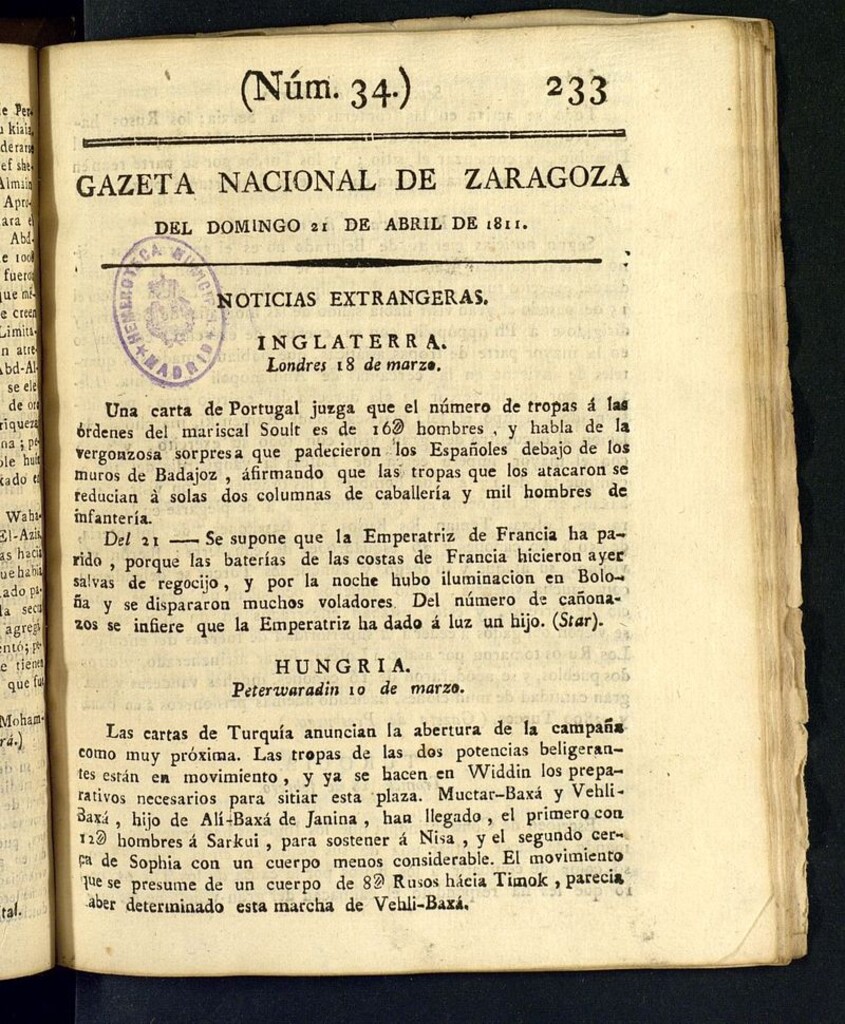 Miniatura de Gazeta de Zaragoza del 21 de abril de 1811