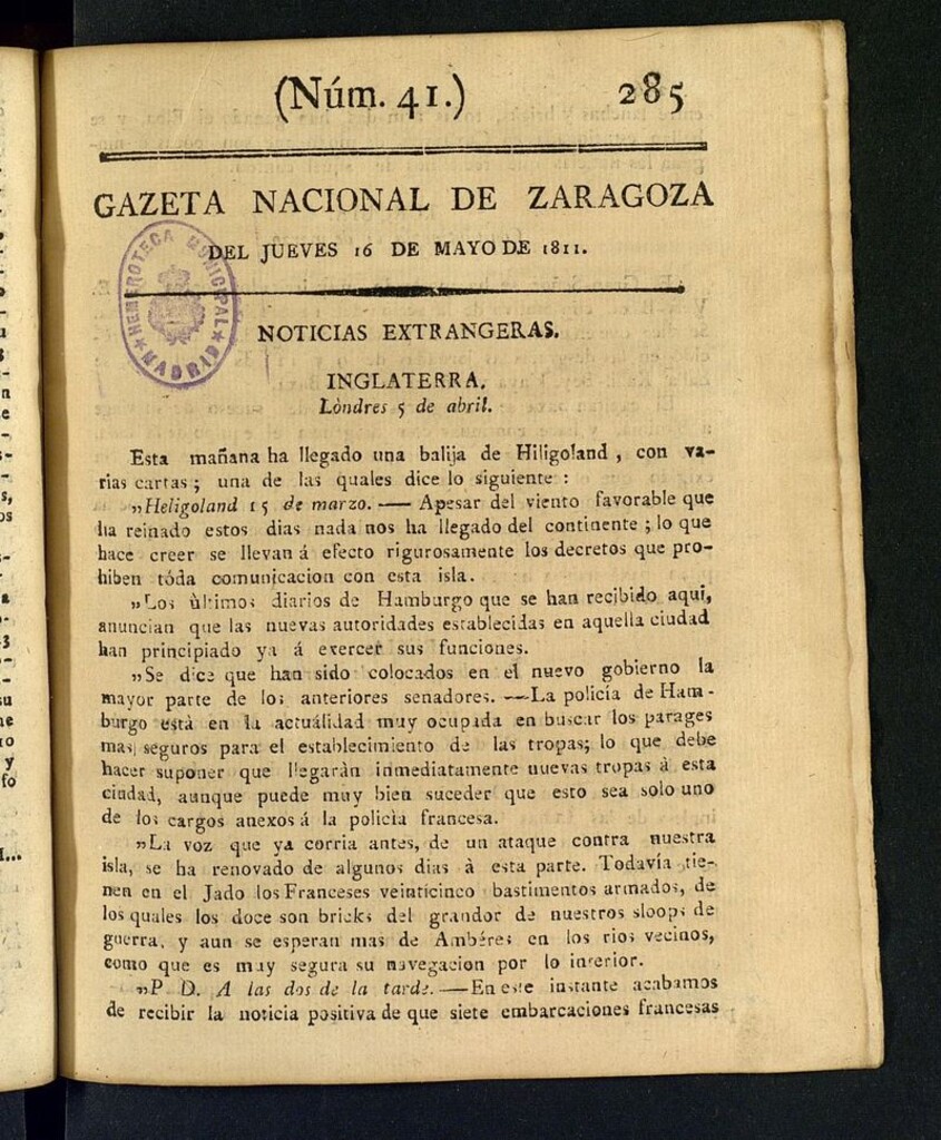 Miniatura de Gazeta de Zaragoza del 16 de mayo de 1811