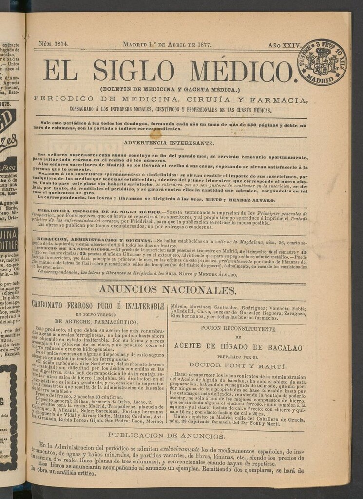 Miniatura de El Siglo Médico: boletín de medicina y gaceta médica del 1 de abril de 1877