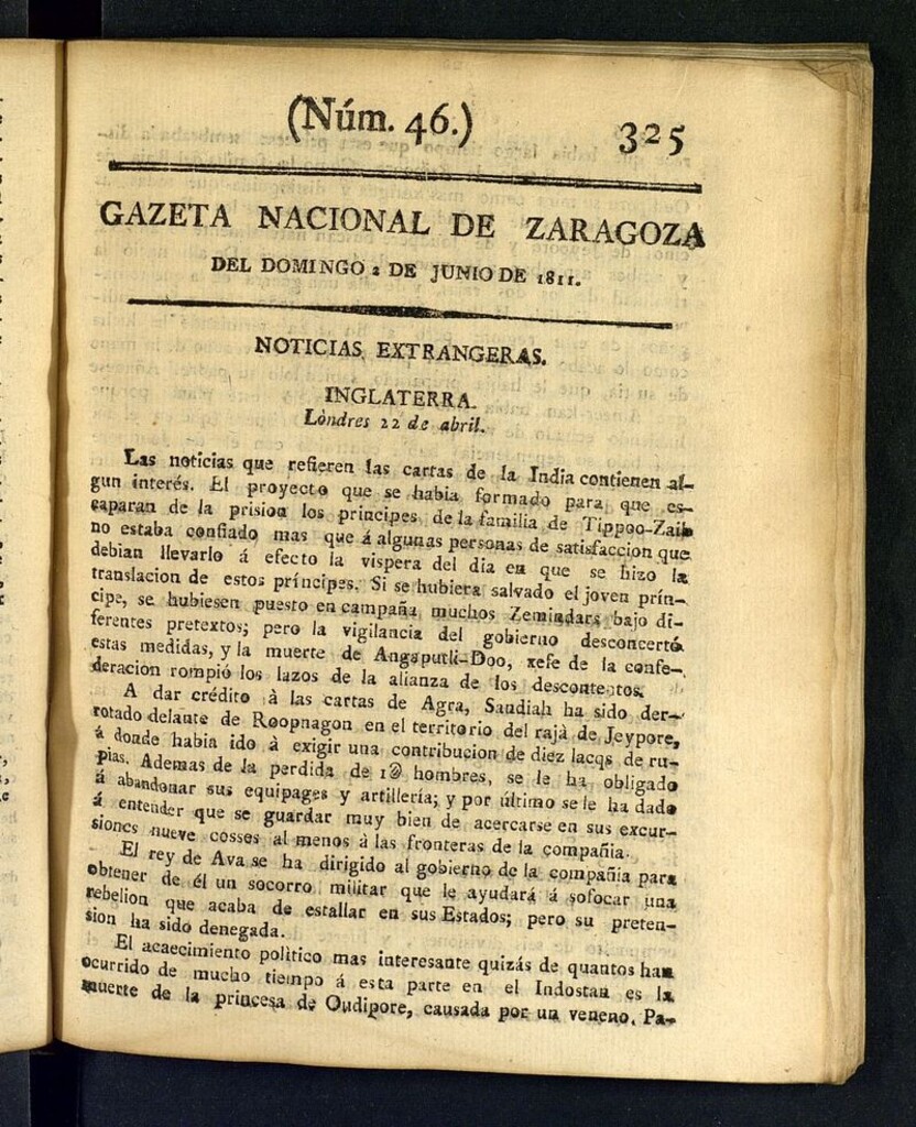 Miniatura de Gazeta de Zaragoza del 2 de junio de 1811